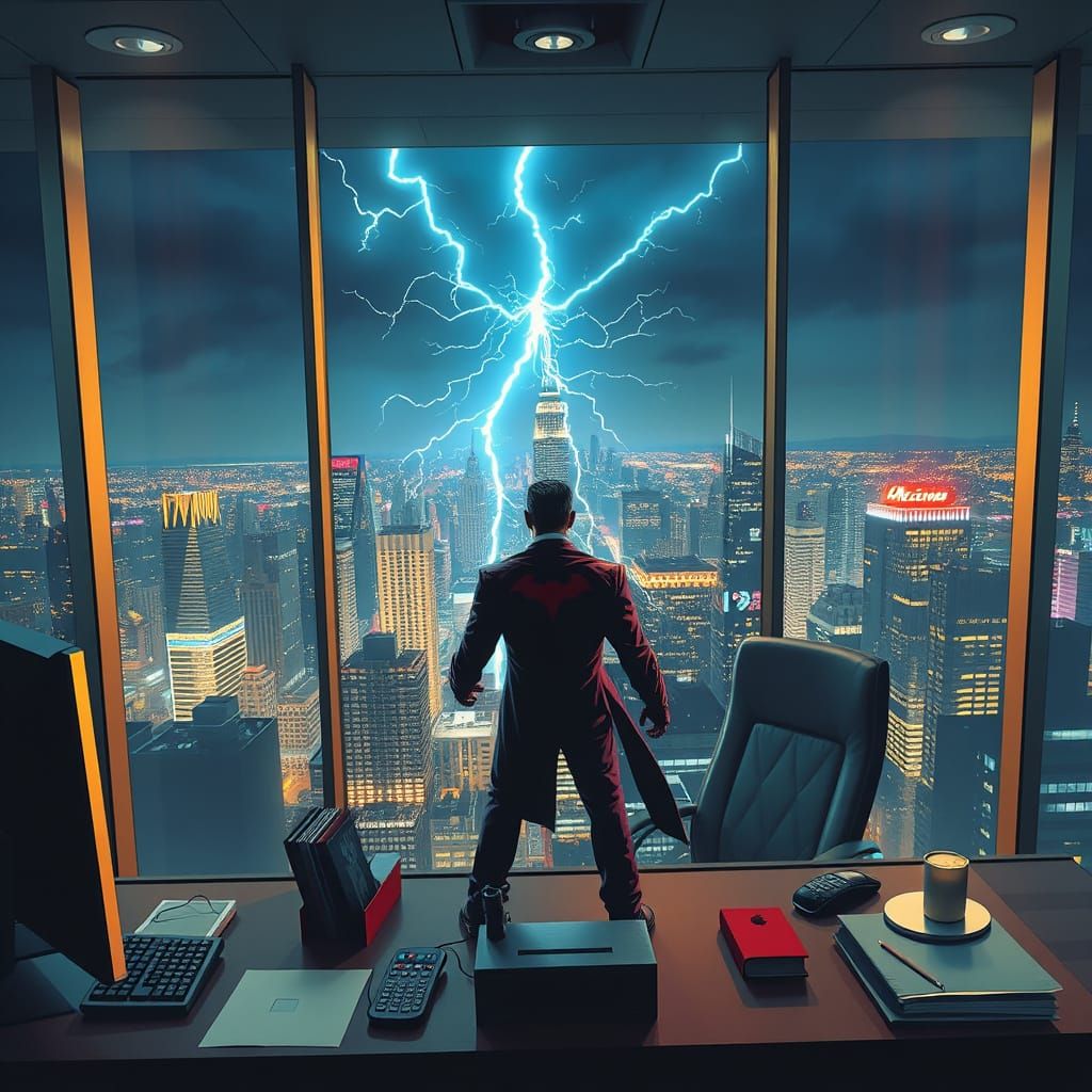 Super Villain Overlooking Neon City During Electric Storm