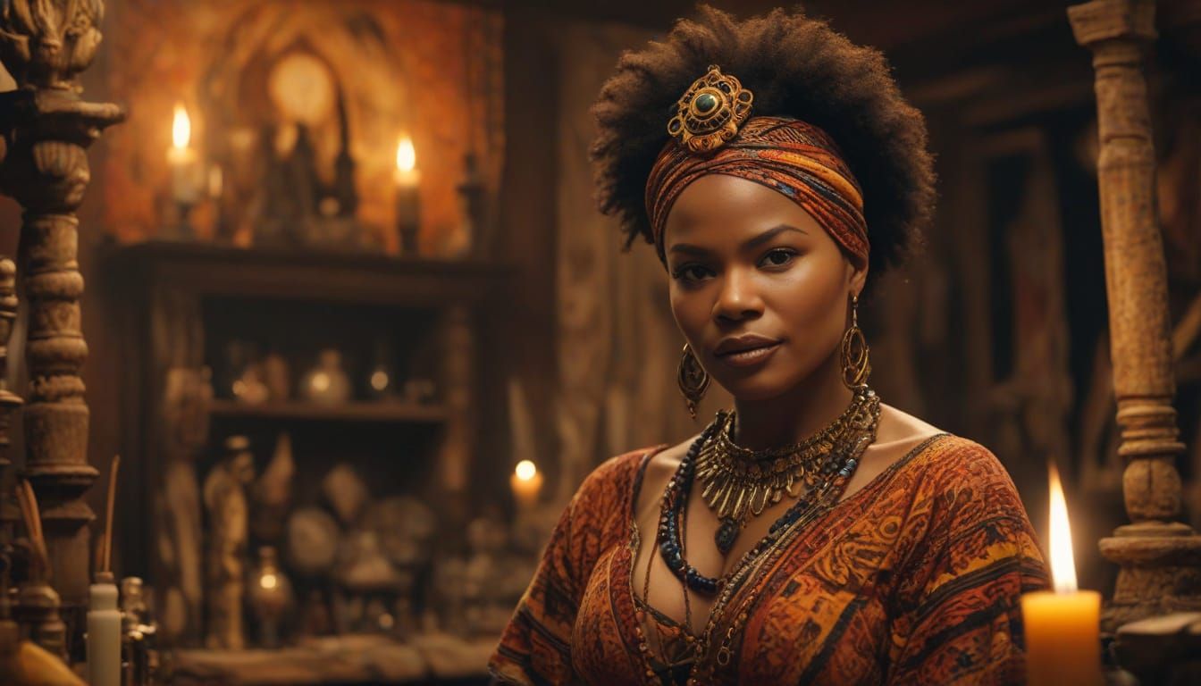 Afro-Caribbean Voodoo Priestess in Mystical Workshop