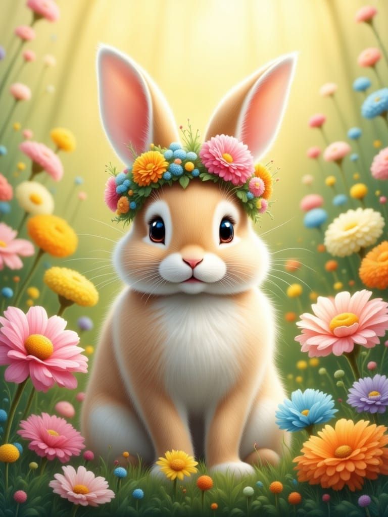 Bunny with Floral Crown in Whimsical Garden