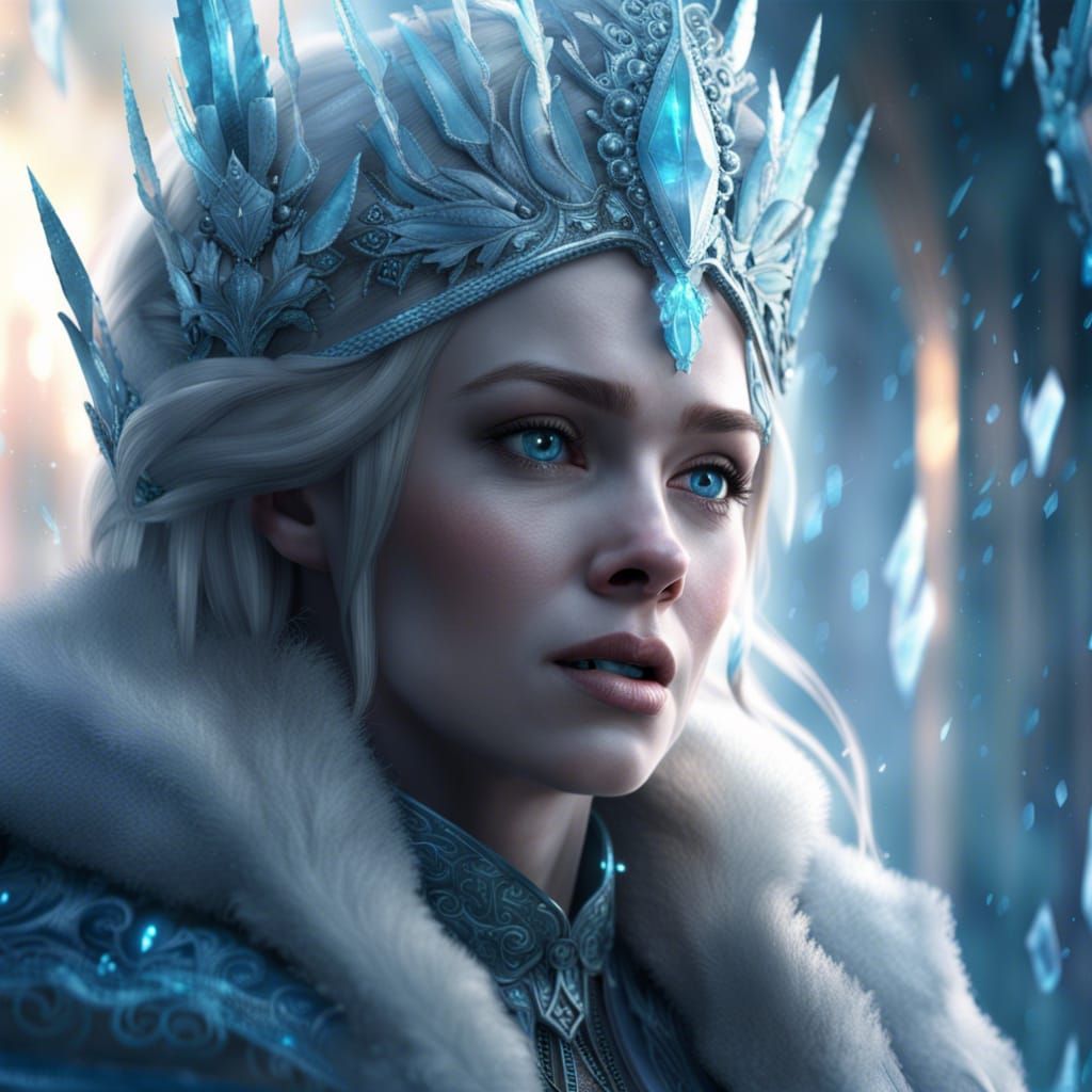 Ancient Ice queen, frozen, crying, portrait.