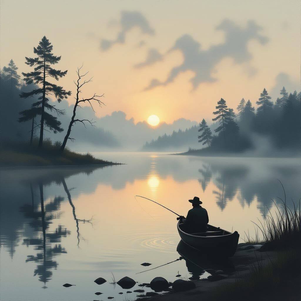 Lone Fisherman in Misty Lake at Dawn, Painterly Style
