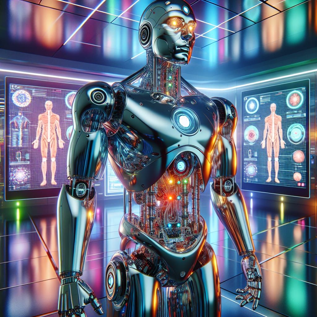 Futuristic Chrome Robot Fixing Human Design Flaws