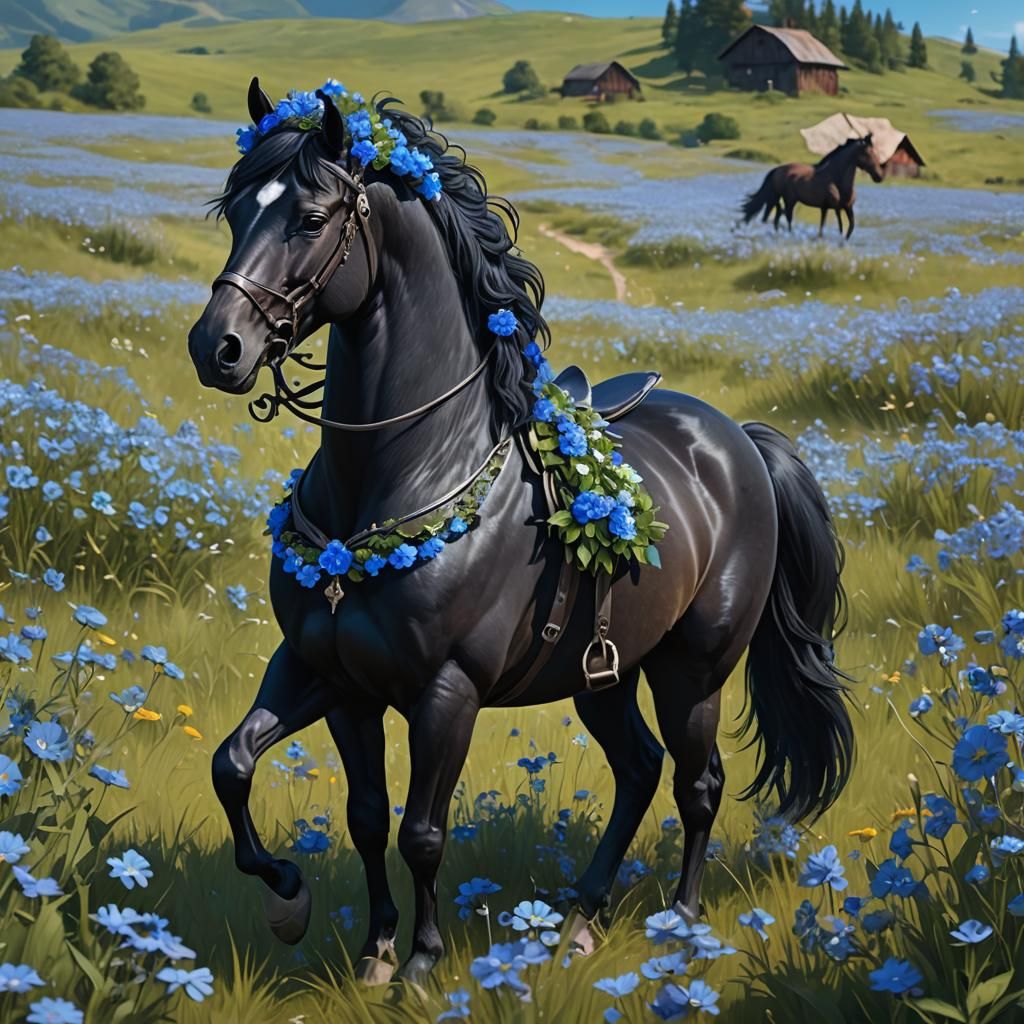 Black Horse with Blue Flower Crown in Meadow