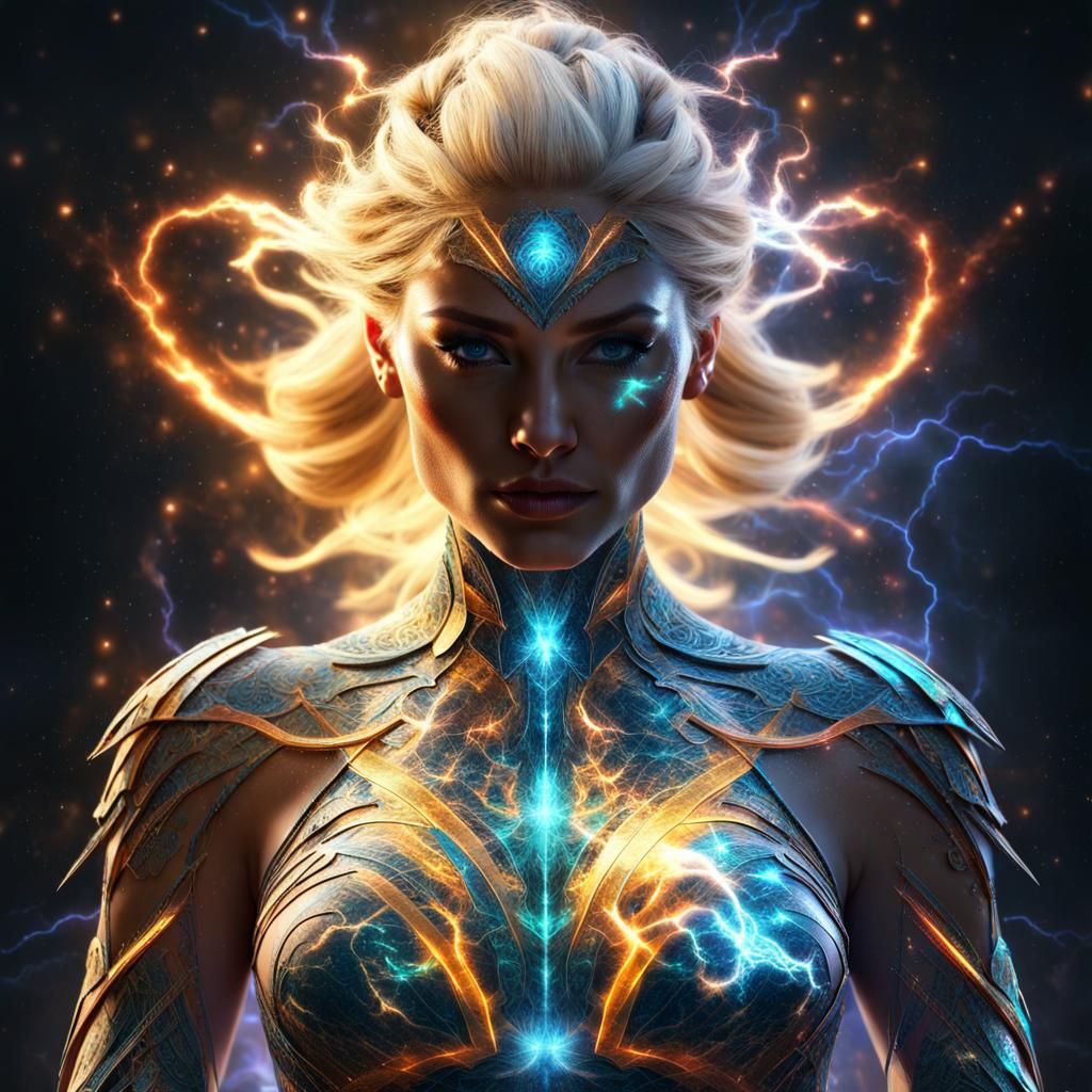 Electric Fractal Warrior Woman in Hyperrealism