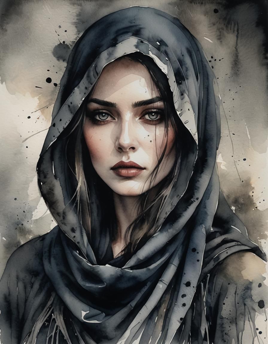 Mysterious Girl in Dark Gothic Watercolor Portrait