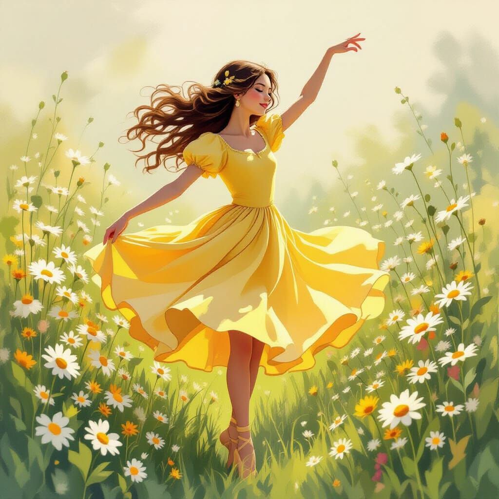 Ballerina Dancing Among Daisies in Watercolor Style