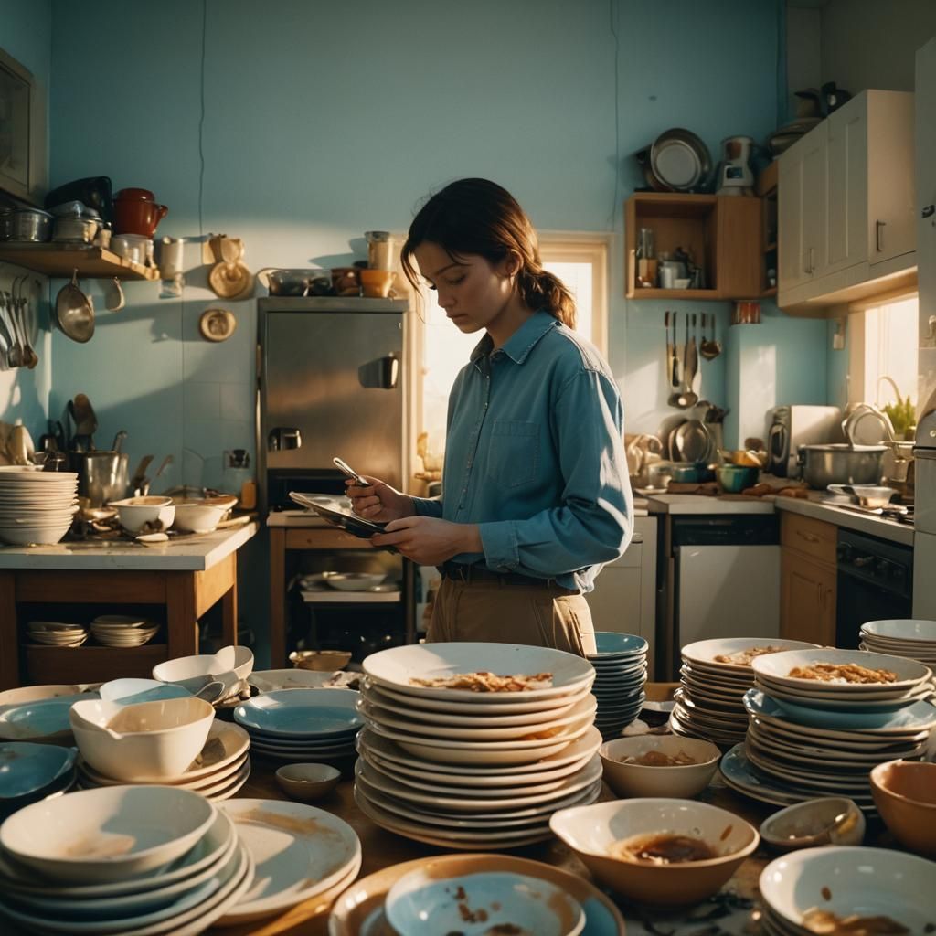 Dirty Dishes with Person on Phone, Cinematic Film Still