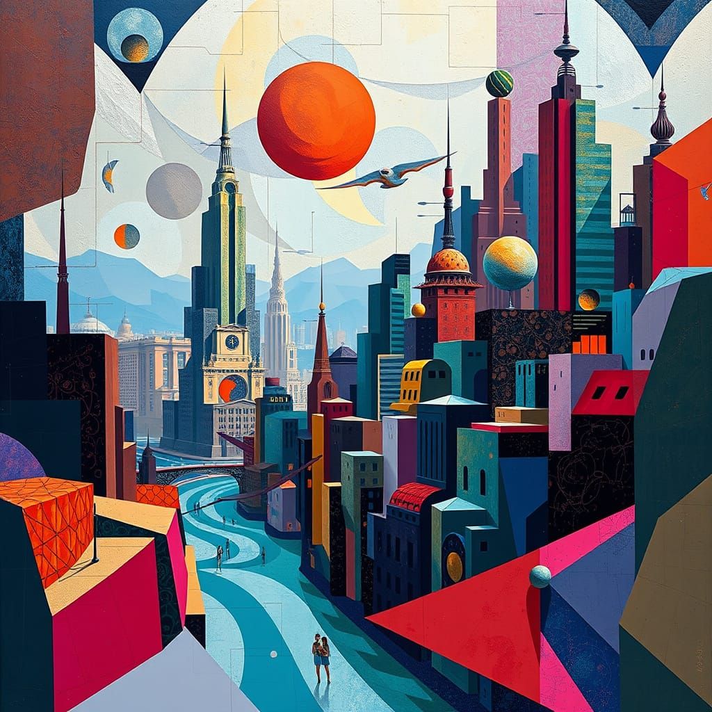 Surrealist Metropolis in Vibrant, Maximalist Style