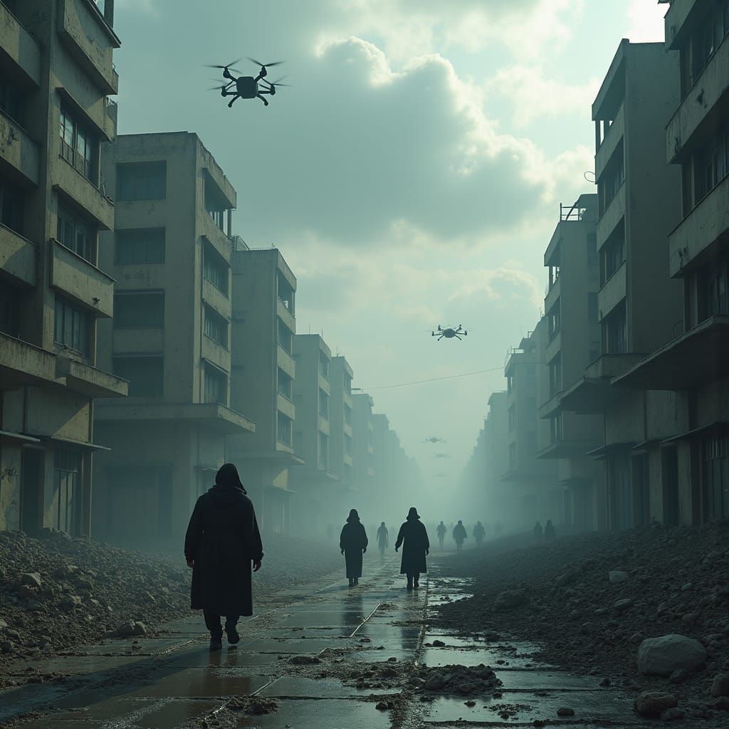 Dystopian City Ruins Under Toxic Skies