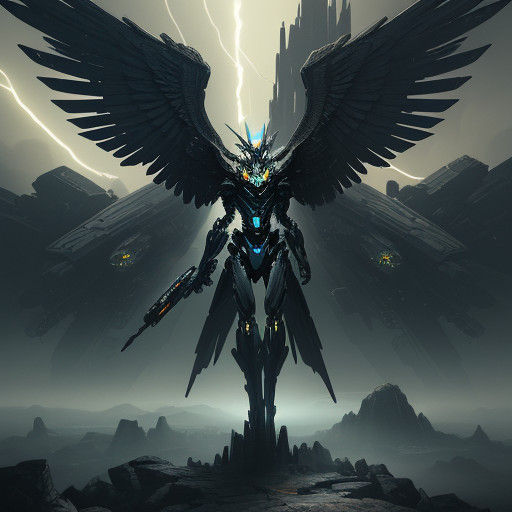 Metal Mecha Eagle-UFO Hybrid in Neon-Lit, Gritty Sci-Fi Land...