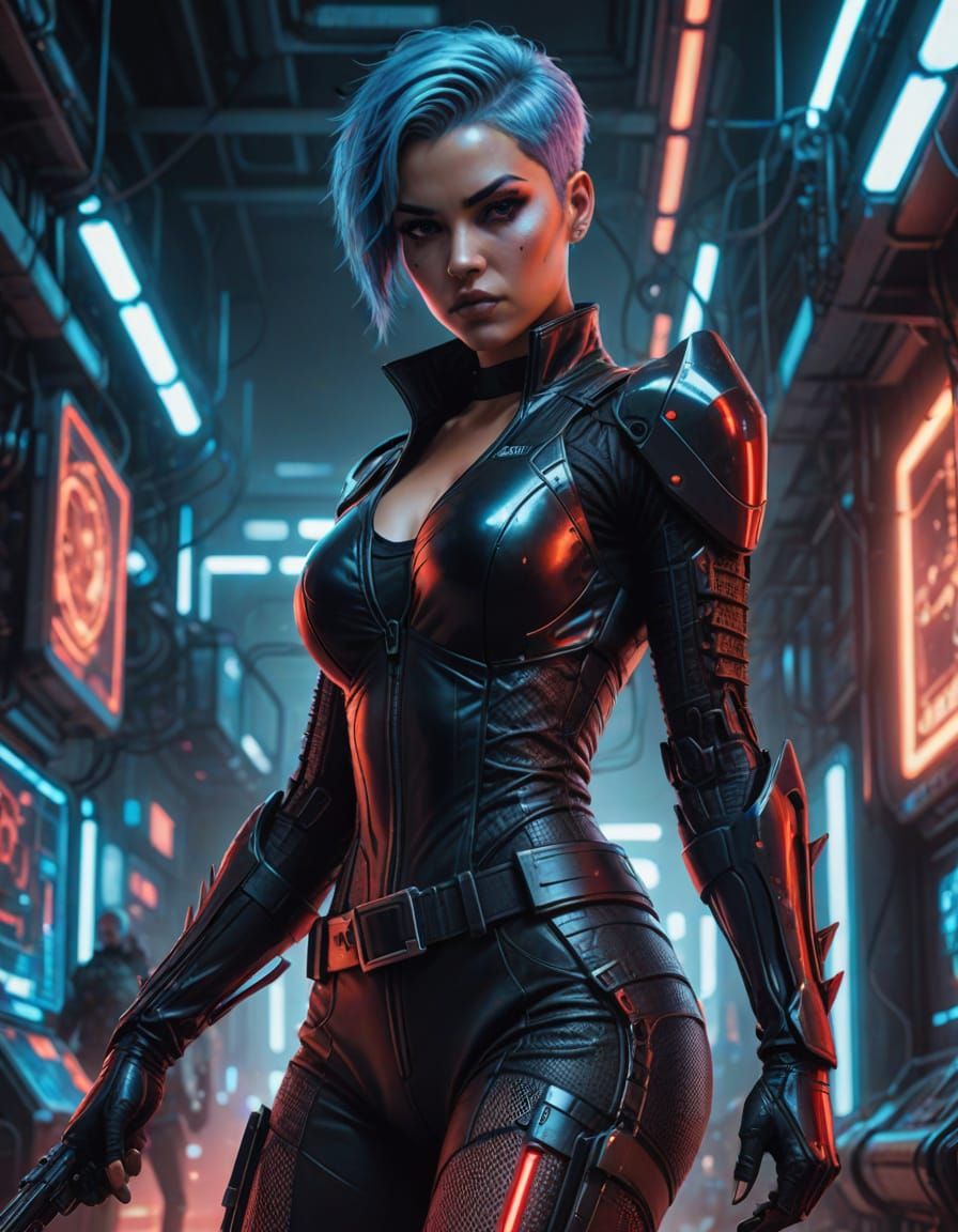 Cyberpunk Bombshell with Futuristic Gun Illustration