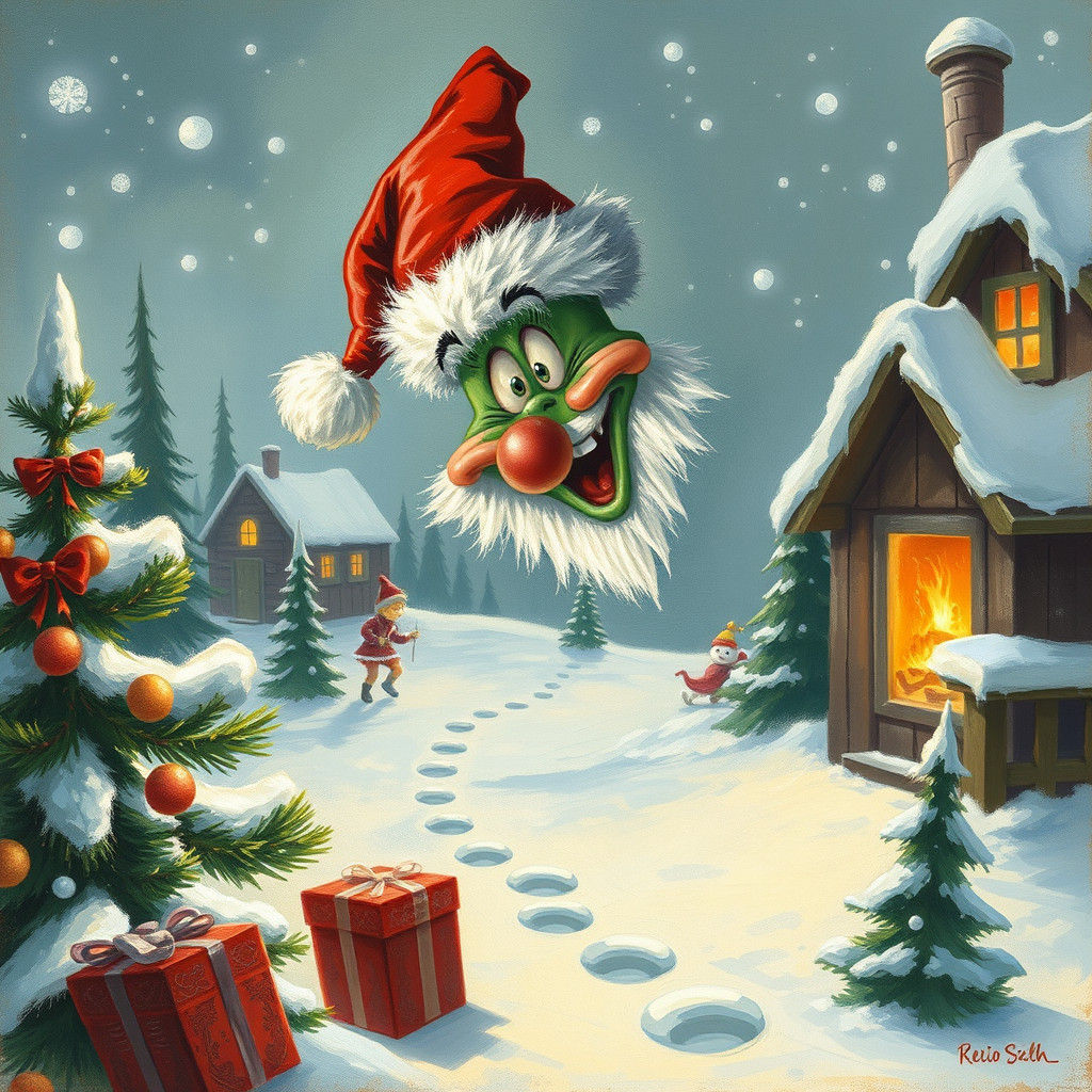 Ginch's Christmas Pranks: A Detailed Gouache Painting