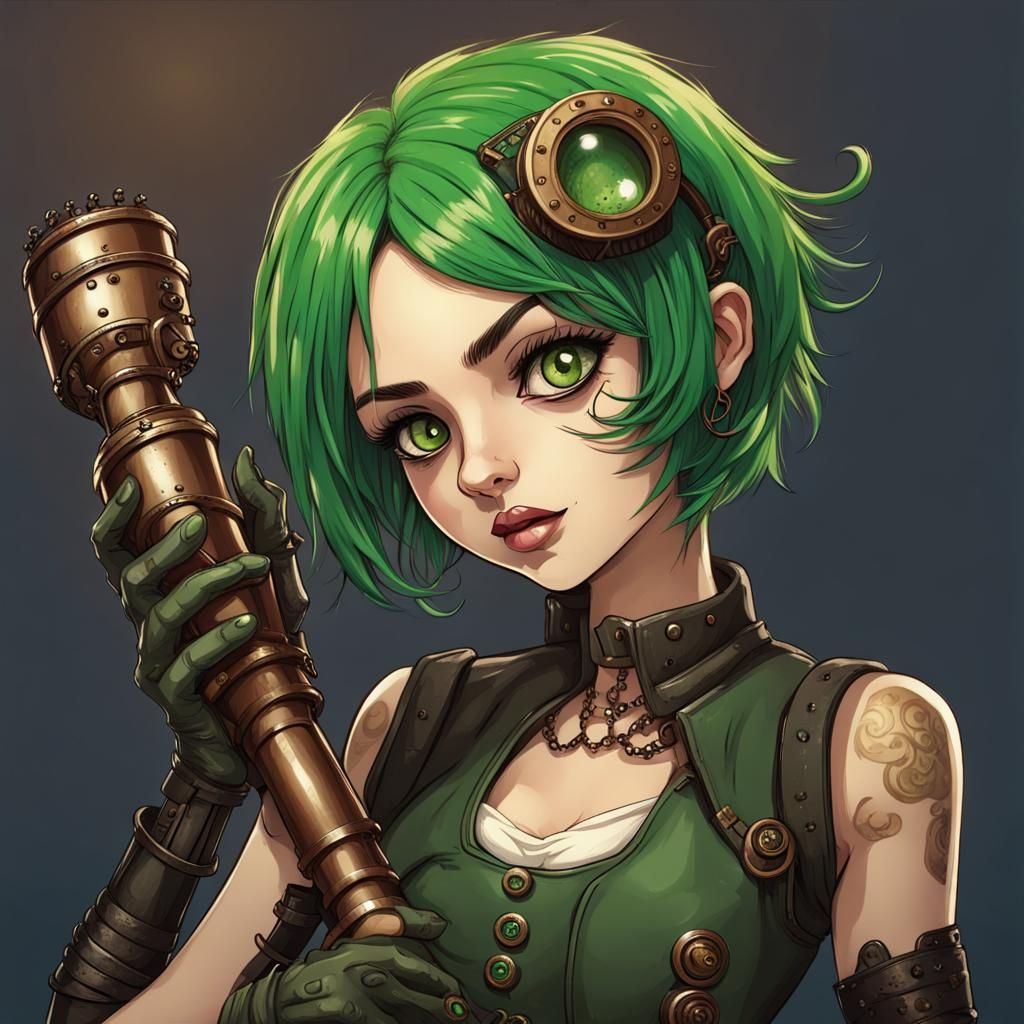 Girl with Green Hair and Steampunk Engine