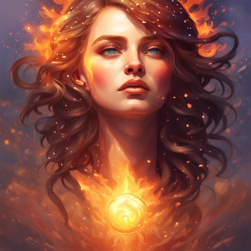Sun Goddess with Burning Hair, Hyperrealistic Portrait