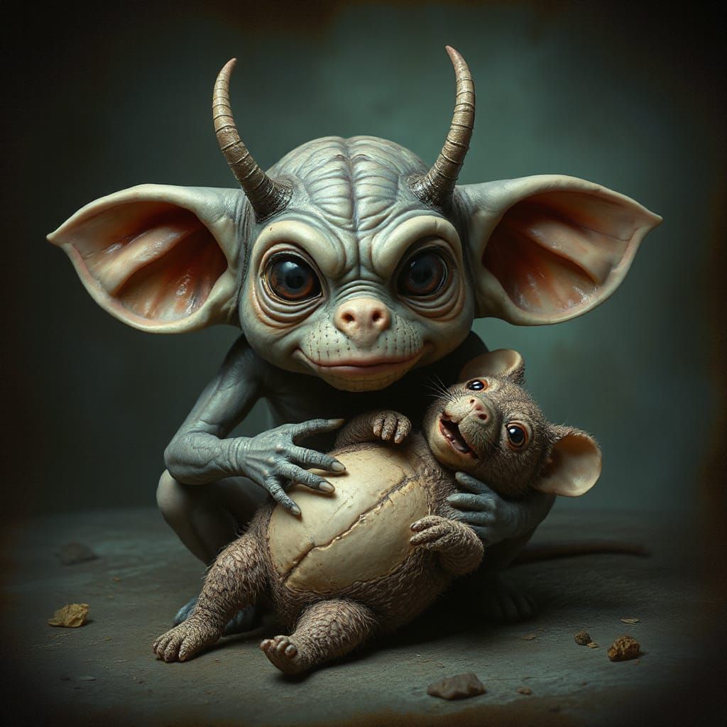 Grotesque Imp with Rat Toy, Surrealist Art