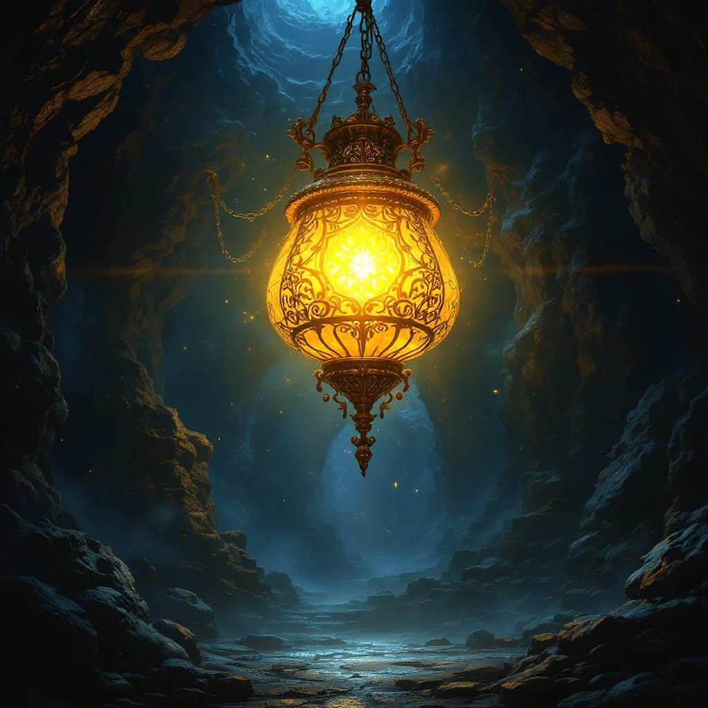 Antique Gold Lantern Illuminating Mysterious Cavern
