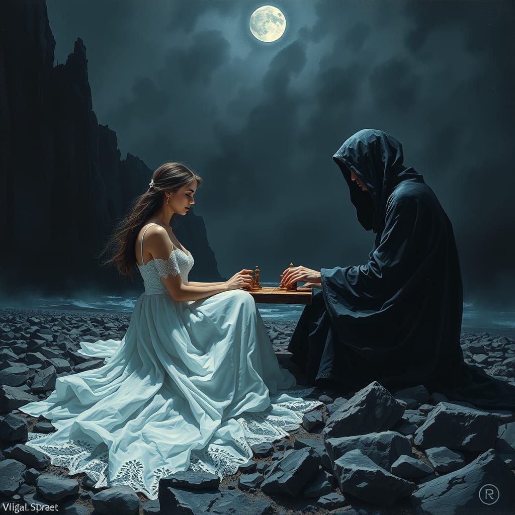 Chess Game with Death on a Dark Beach