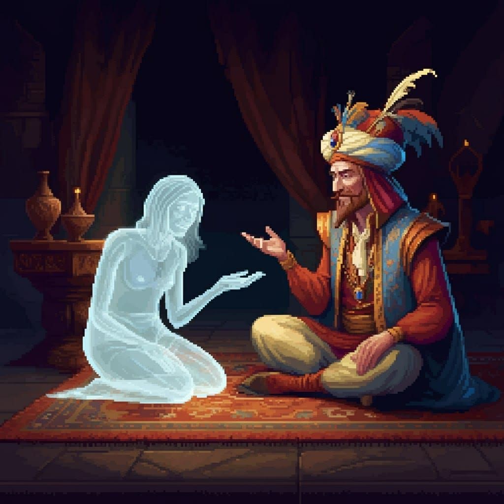 Wealthy Man and Translucent Spirit in Pixel Art