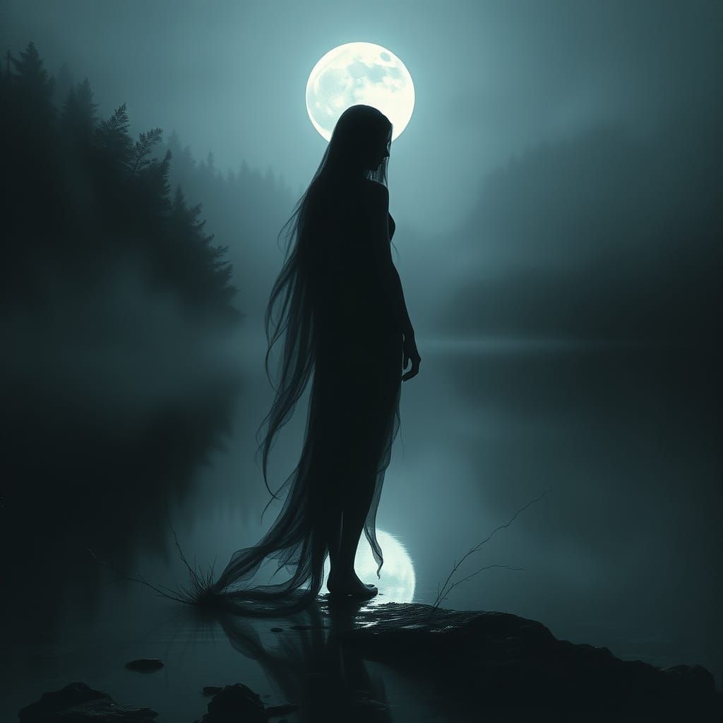 Ethereal Female Form Emerges from Lunar-Lit Lake