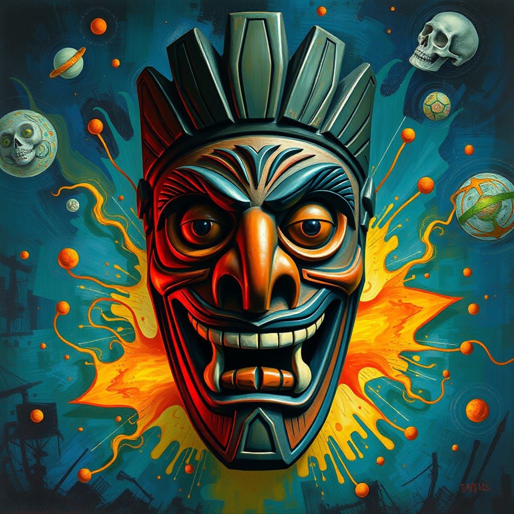 Abstract Tiki Mask Art in a Cubist Style with Deep Color and...