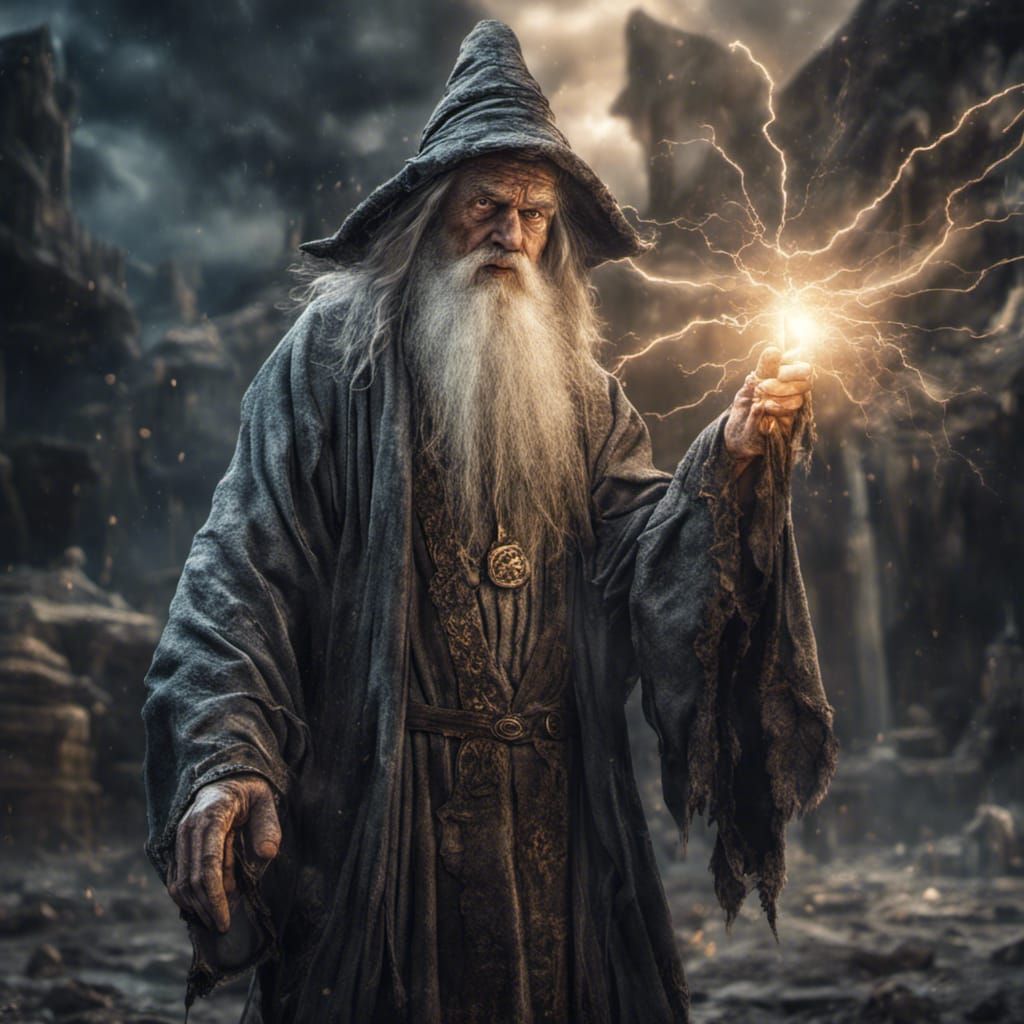 Hyperrealistic Old Wizard Casting Lightning Bolt