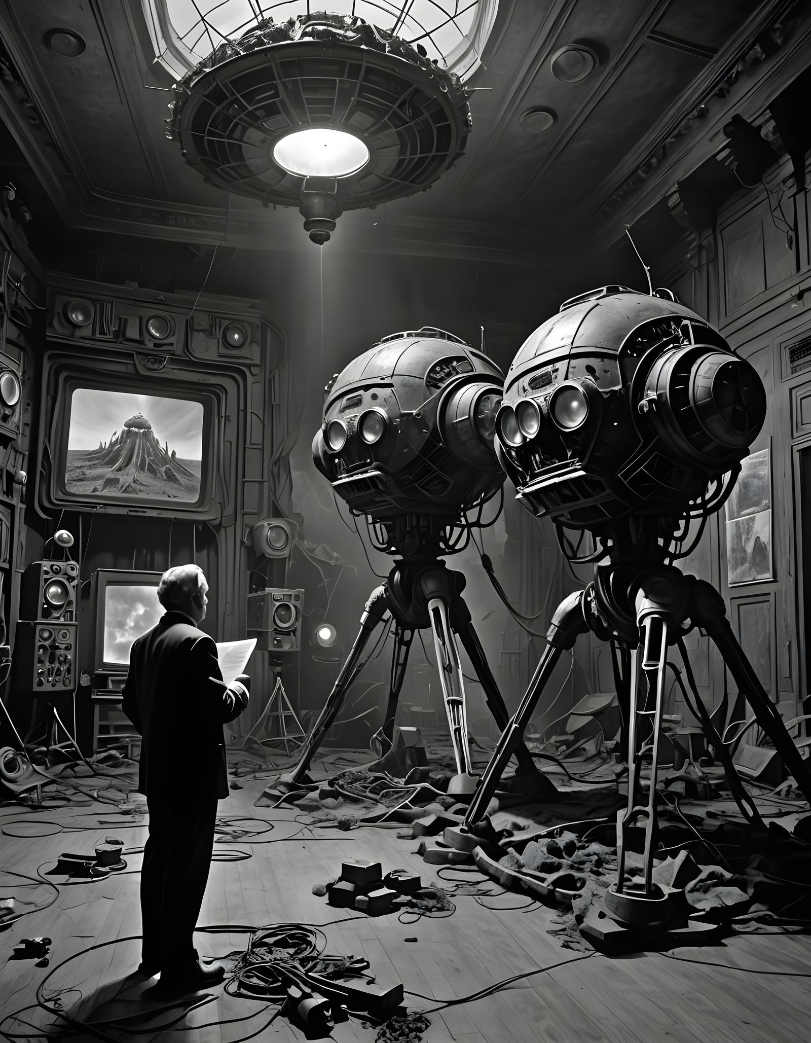Orson Welles Broadcast Amidst Robot Invasion in Biopunk Styl...