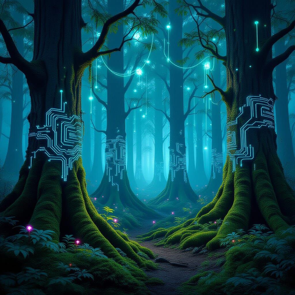 Mystical Forest with Screens and Glowing Cables