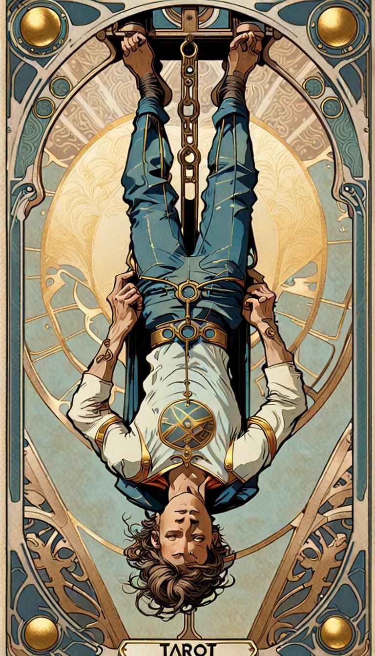 Art Nouveau Tarot Card of Cybernetic Hanged Man