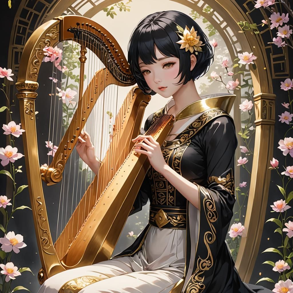 Masked Woman Plays Harp in Anime Style