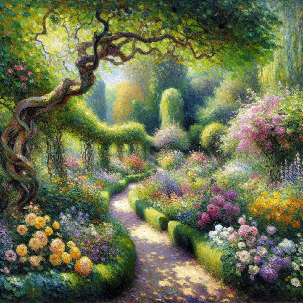 A serene garden scene in the Impressionist style of Claude M...