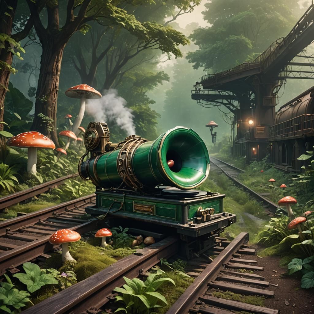 Giant Phonograph Rolls on Mystical Railroad Tracks