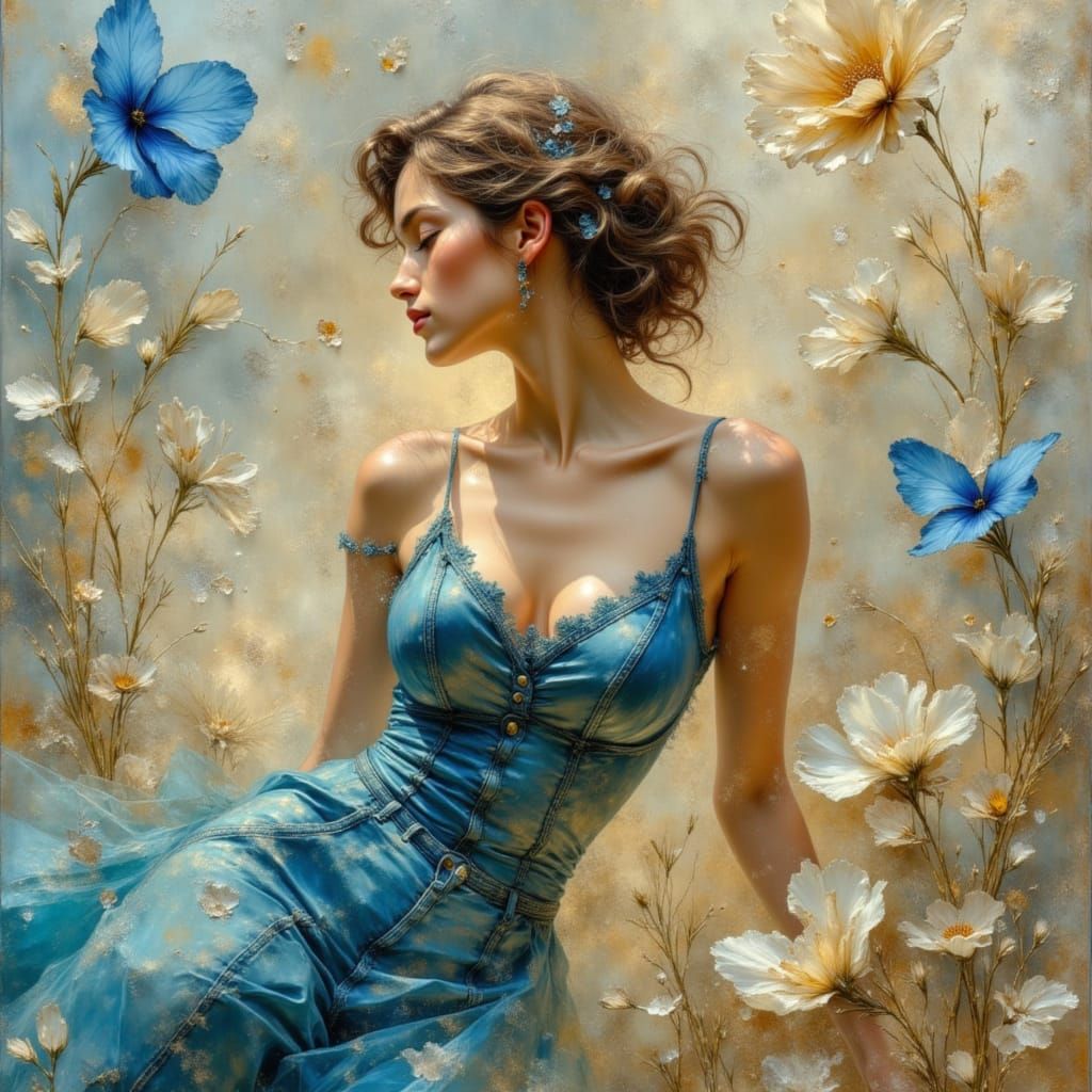 Colorful Impasto Painting of a Denim-Clad Woman