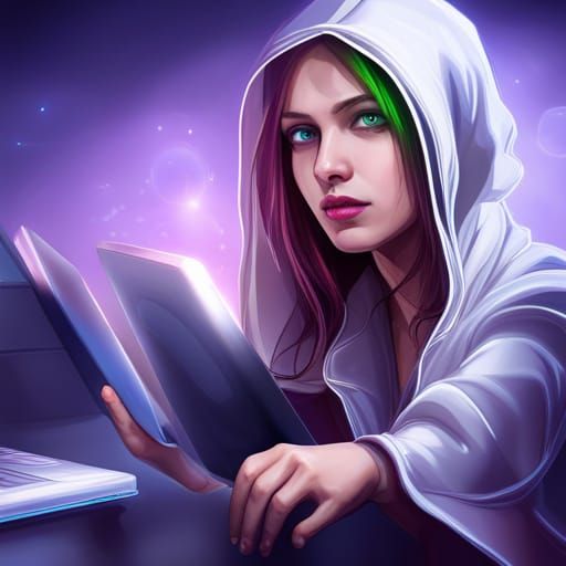 Cyberpunk Girl in Hoodie with Computer
