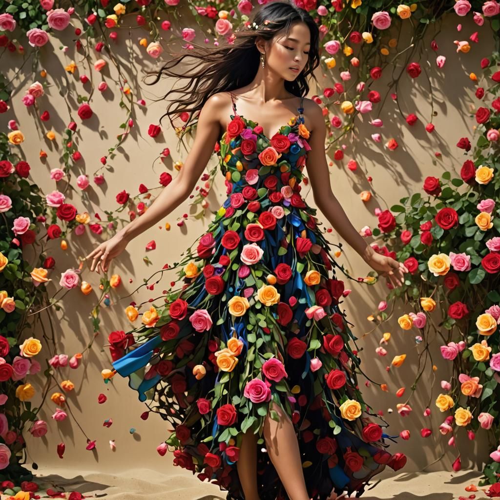 Model in Rose Dress on Tropical Beach