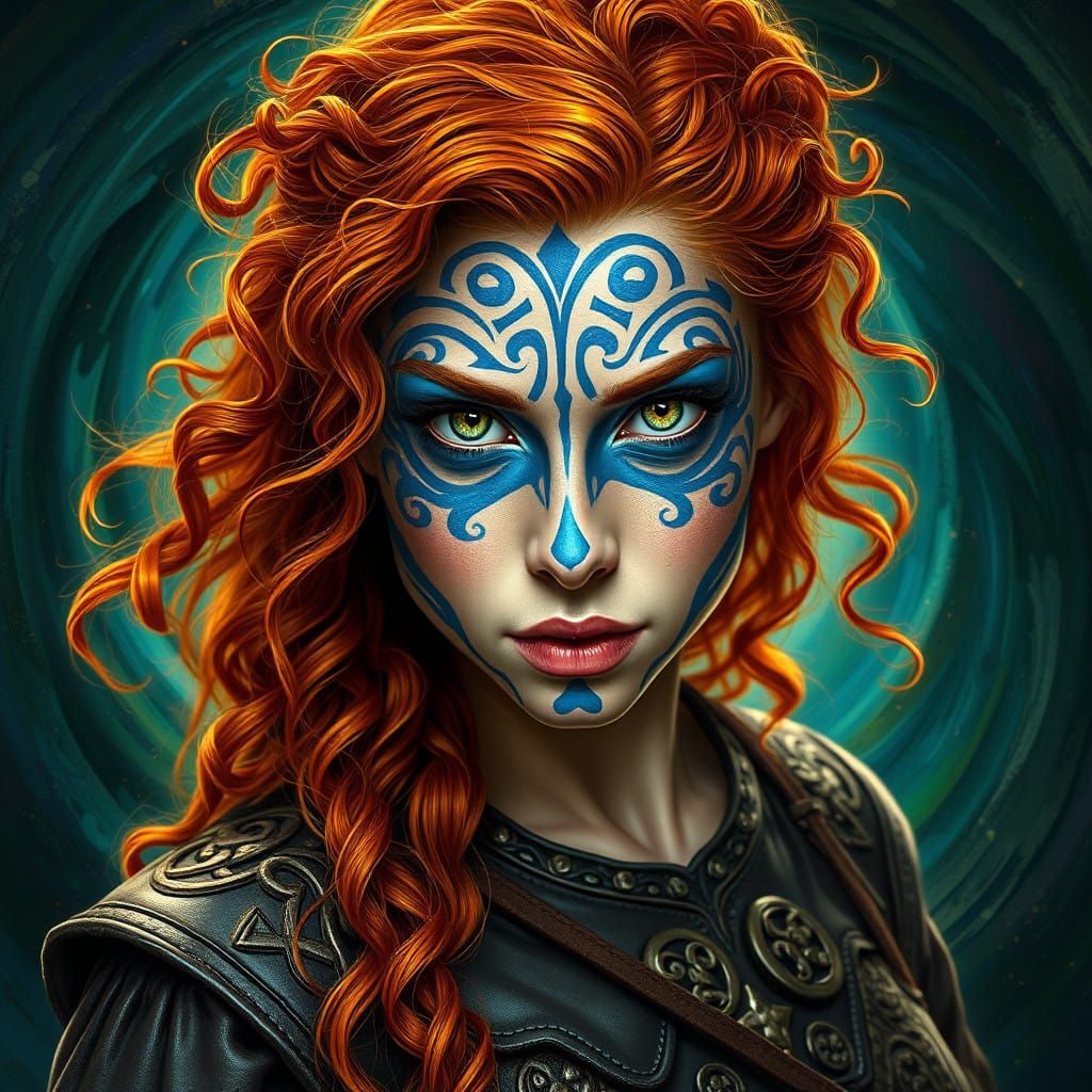 Fierce Celtic Goddess with Woad Blue Face Paint and Wild Red...