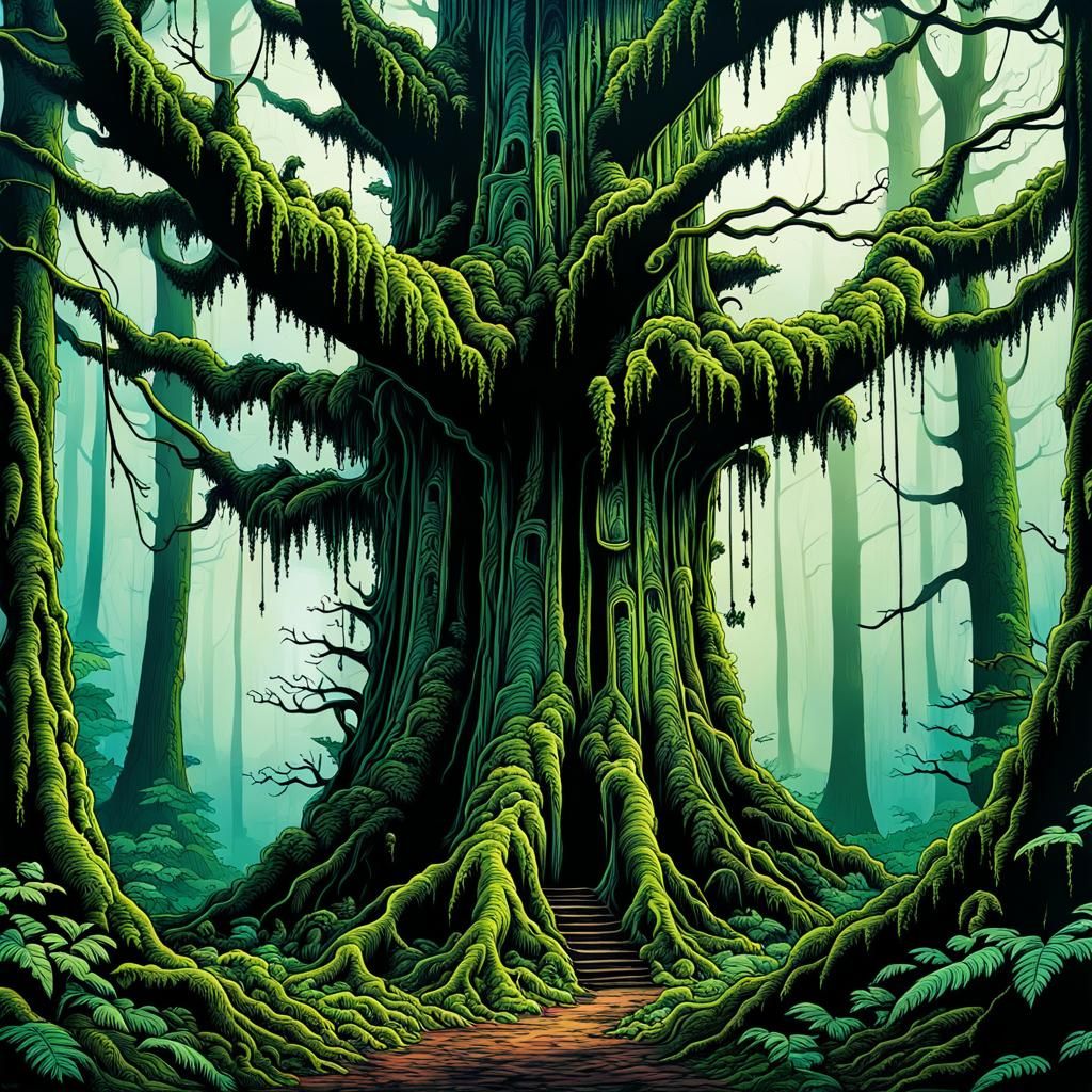 Eerie Forest Ink Drawing in Vibrant Colors