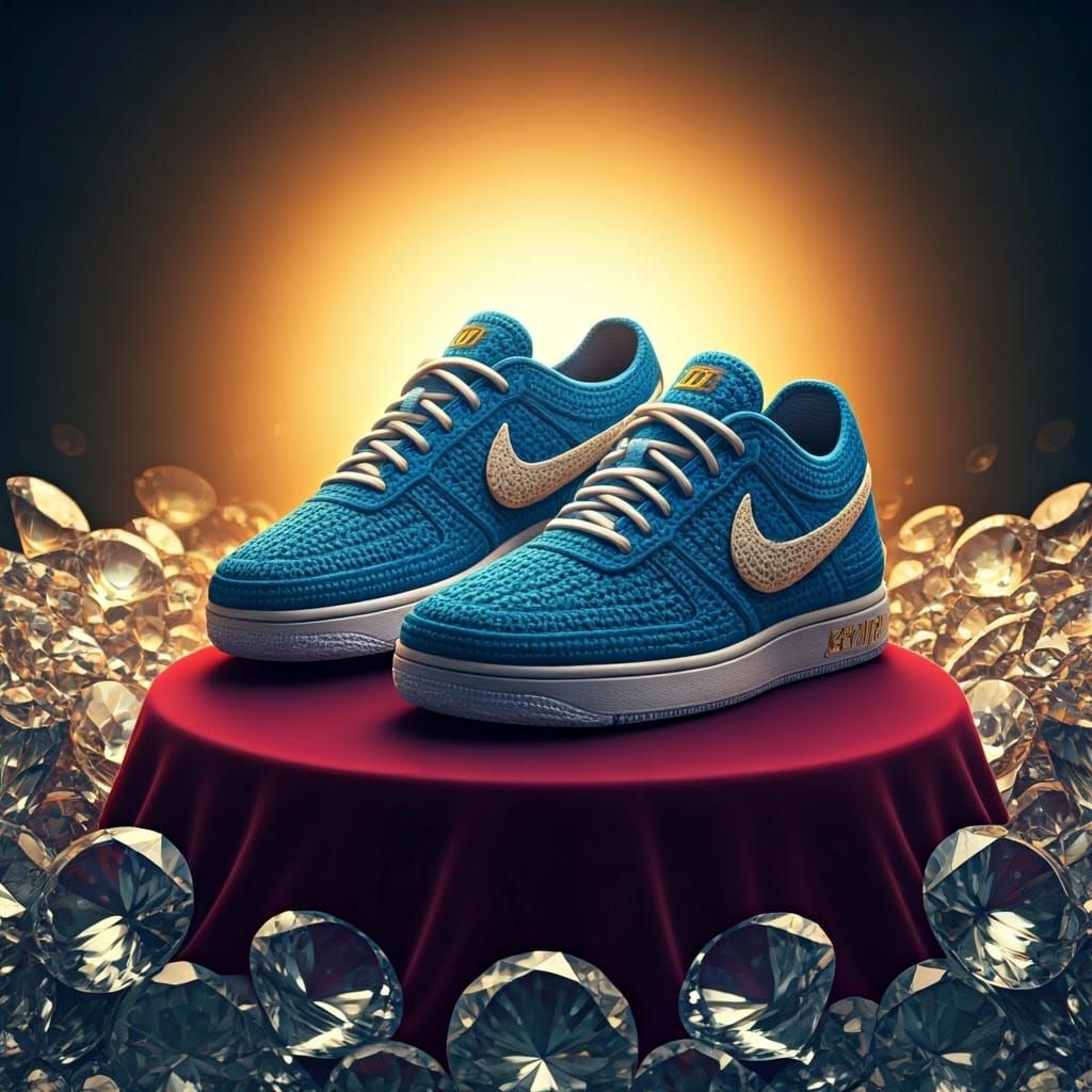 Blue Crocheted Nike Shoes with Golden Flakes in 3D