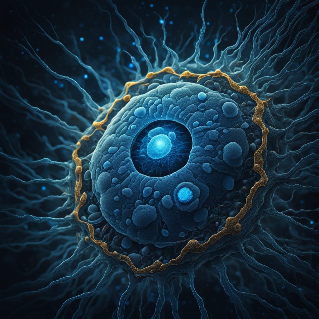 Cell Division: Microscopic Sci-Fi Art with Blue Nucleus
