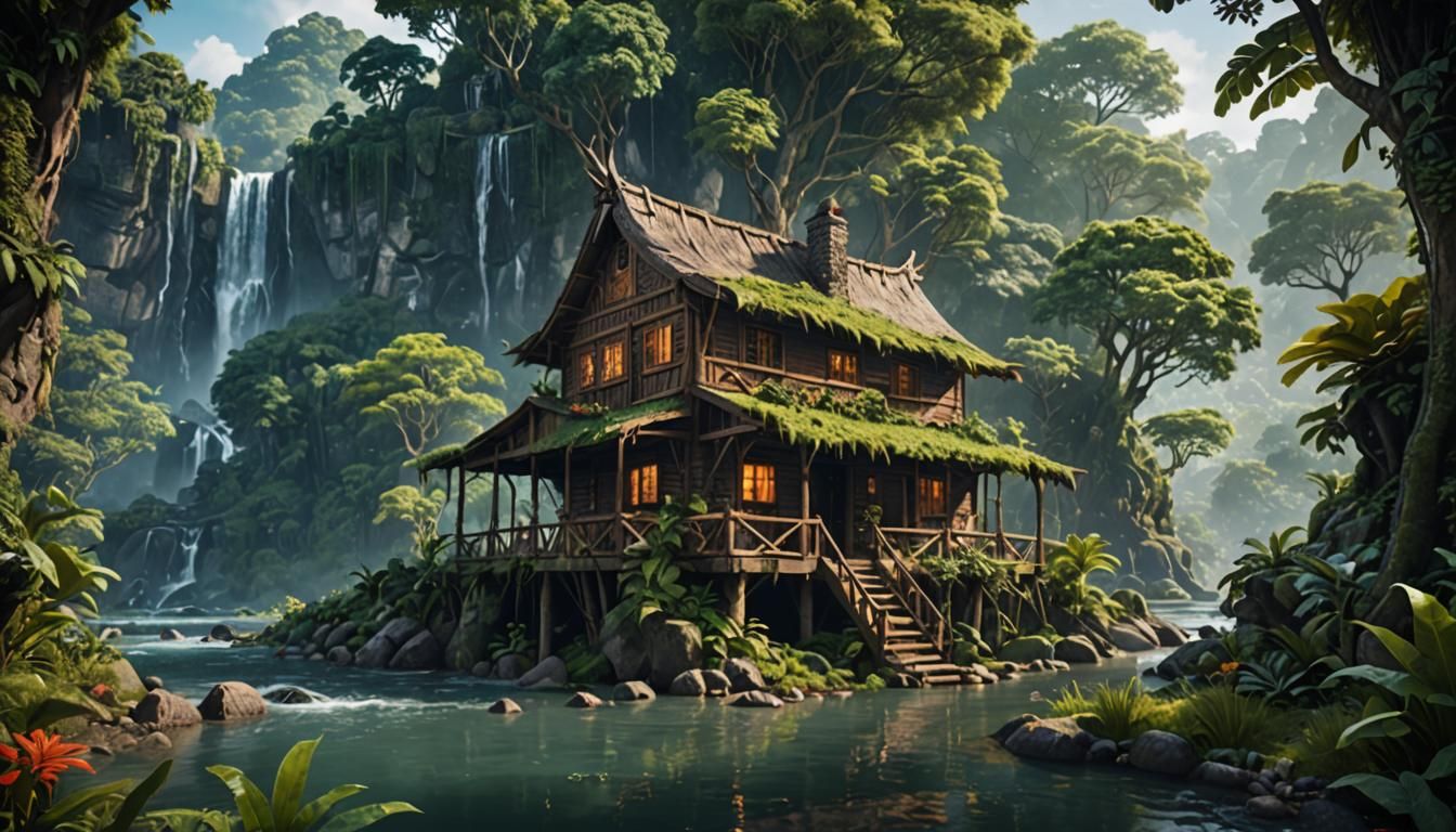 Jungle Cabin by River: Detailed Matte Painting