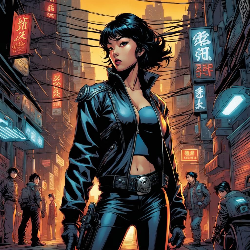 Asian Pilot in Cyberpunk Alley Comic Art