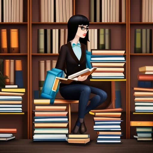 Nerdy Woman Poses with Library Books in Cartoon Art