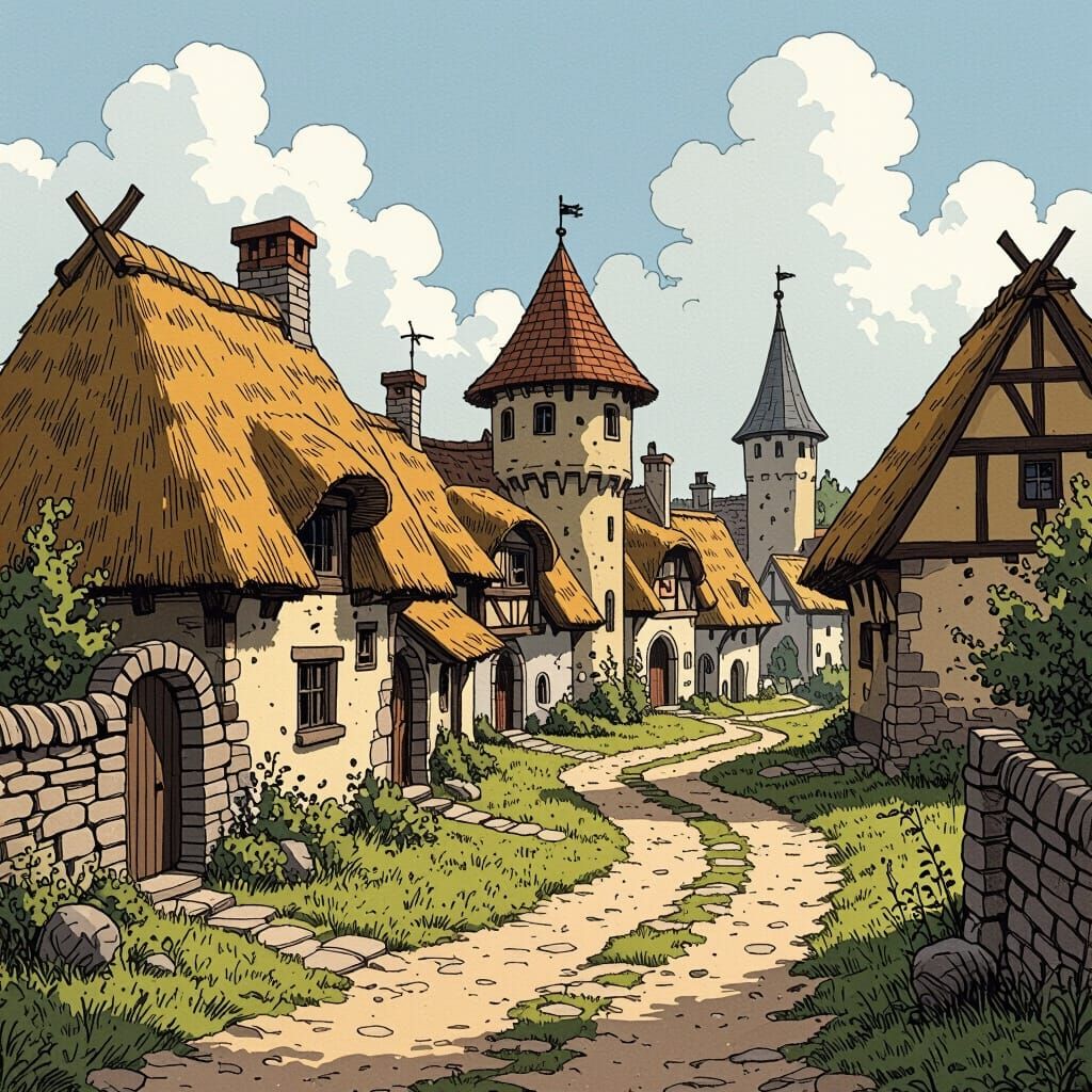 Medieval Village with Gothic Script, Surreal Art