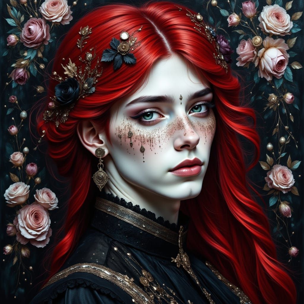 Gothic Rococo Man with Metallic Flowers in Oil Painting