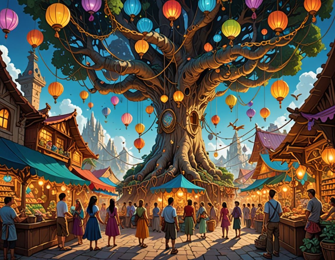 Floating Islands Marketplace in Vibrant Storybook Art Style