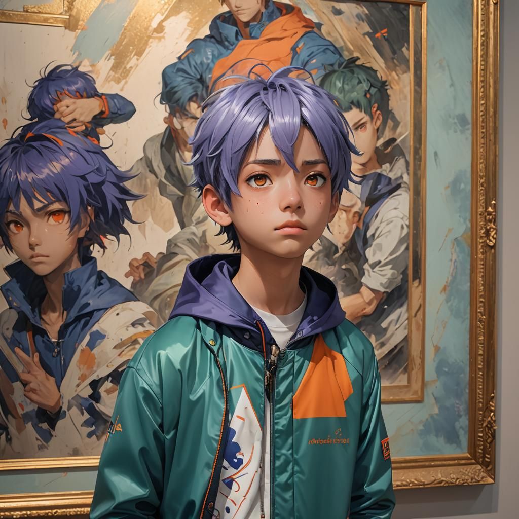 Anime Boy Gazing at Art: 3D Aesthetic Concept