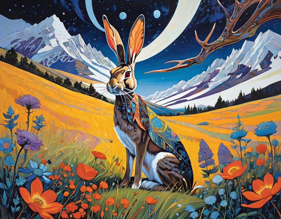 Floral Surrealism with Rabbit Antlers and Mandala Patterns