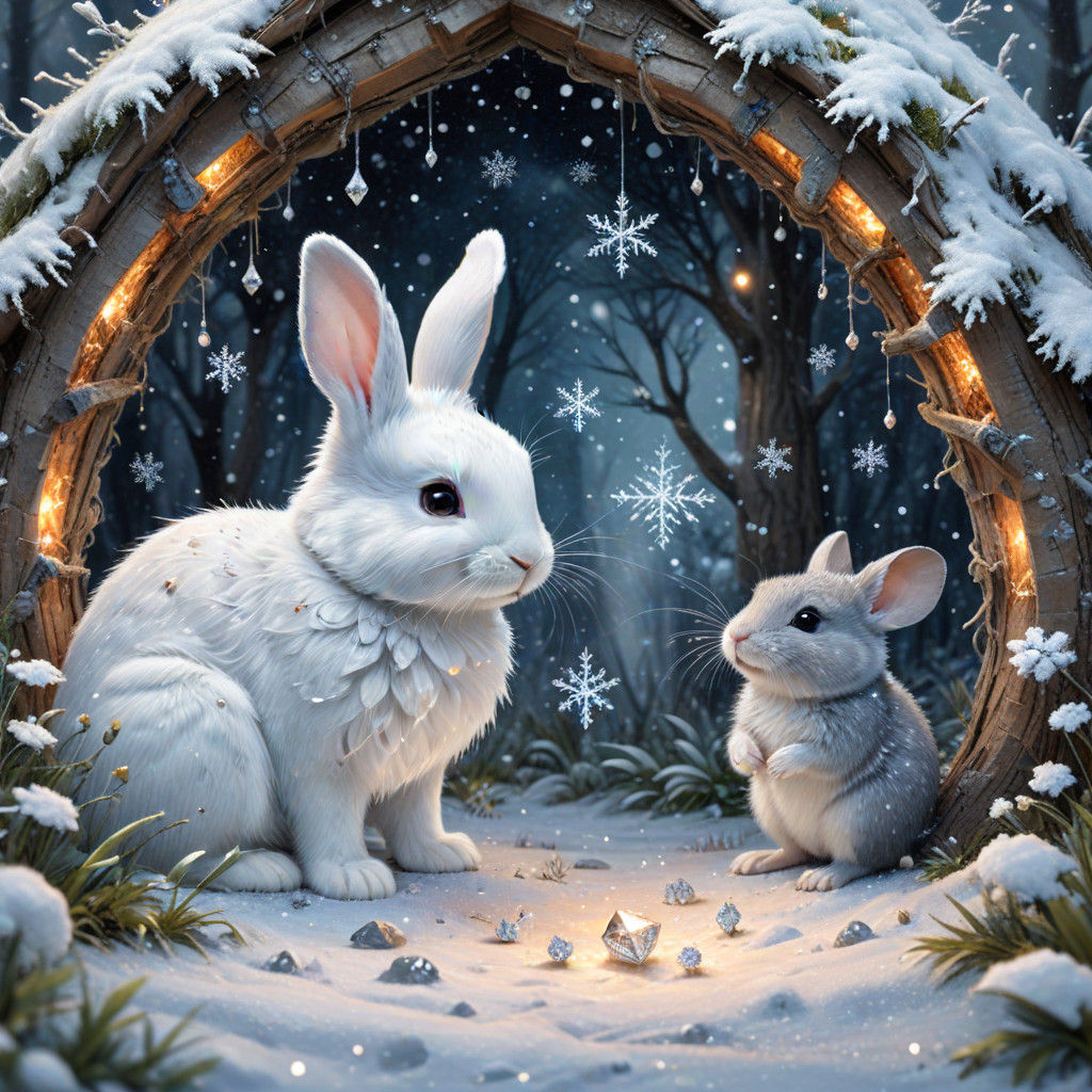 Whimsical Winter Wonderland with Fluffy Bunny and Mouse