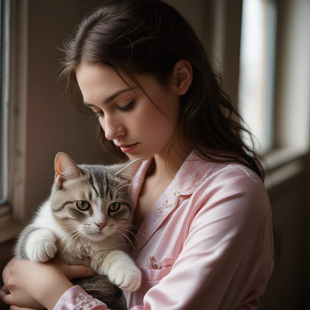 Gentle Teenage Woman Cares for Her Cat in Soft Pink Pajamas