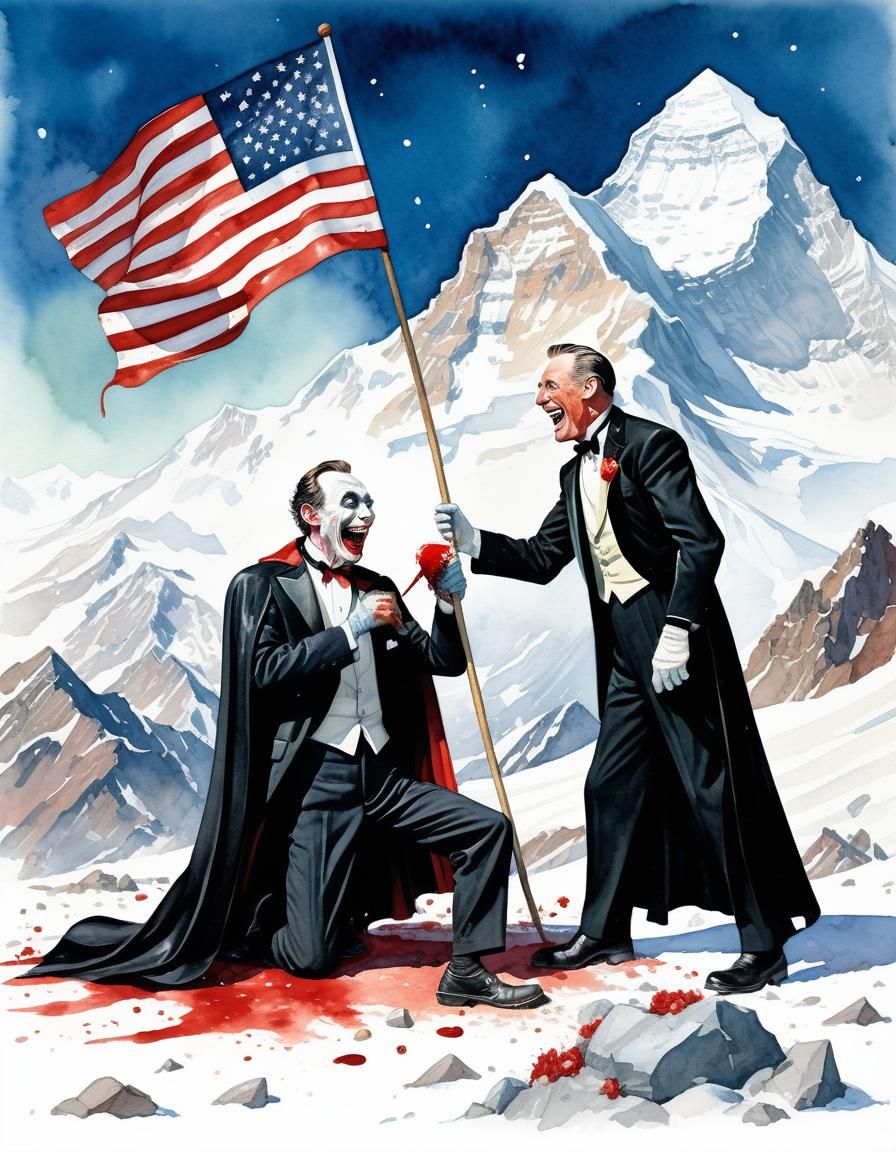 Extreme wide shot of (one traditional cartoon vampire:5.0) with large fangs, wearing a black tuxedo and a cape, laughing...