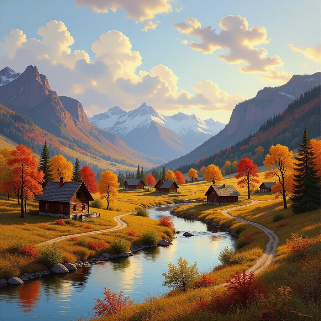 Serene Autumn Valley Oil Painting in Golden Light
